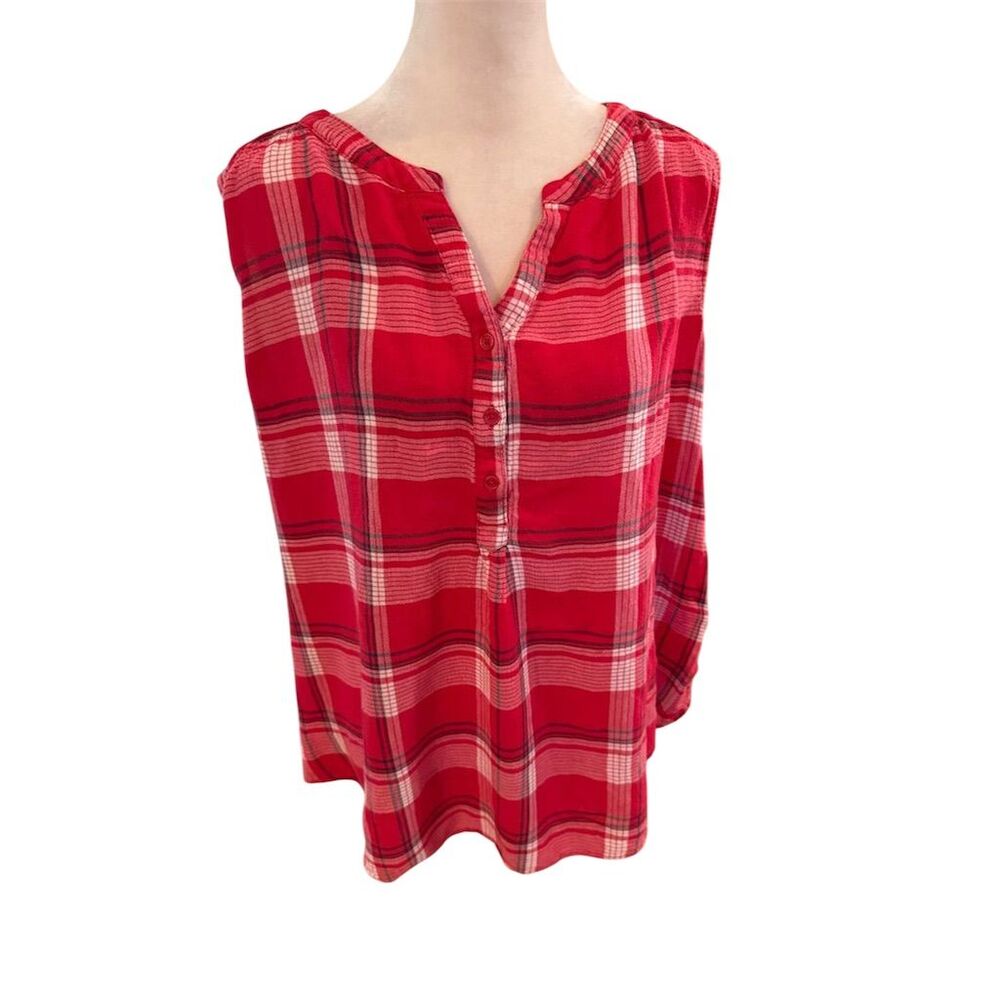 CJ Banks Women's 2X Red Plaid Sleeveless V-Neck Blouse Casual